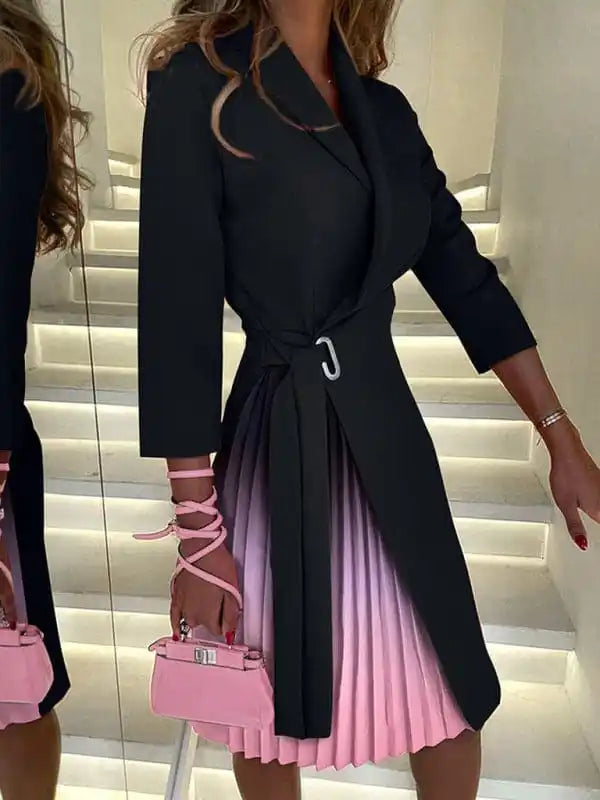 V-neck fashion tie waist mid-sleeve pleated suit dress Tunics Luxurious high-end