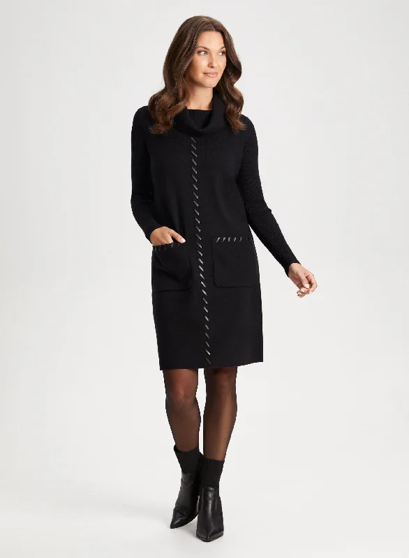 Vegan Leather Detail Sweater Dress Toggled Drawstring Belted