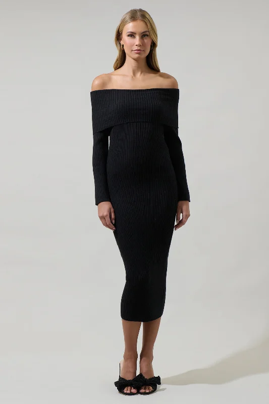 Vonnie Off the Shoulder Midi Sweater Dress Lightweight Heavyweight Midweight