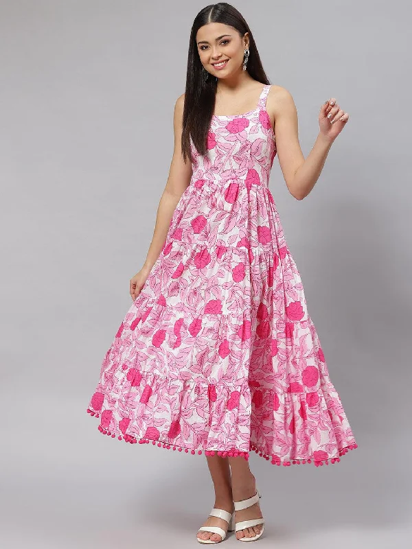 Women's white & Pink Floral Shoulder Strip Long Dress - Taantav Tunics Timeless classic Women's white & Pink Floral Shoulder Strip Long Dress - Taantav Tunics Timeless classic
