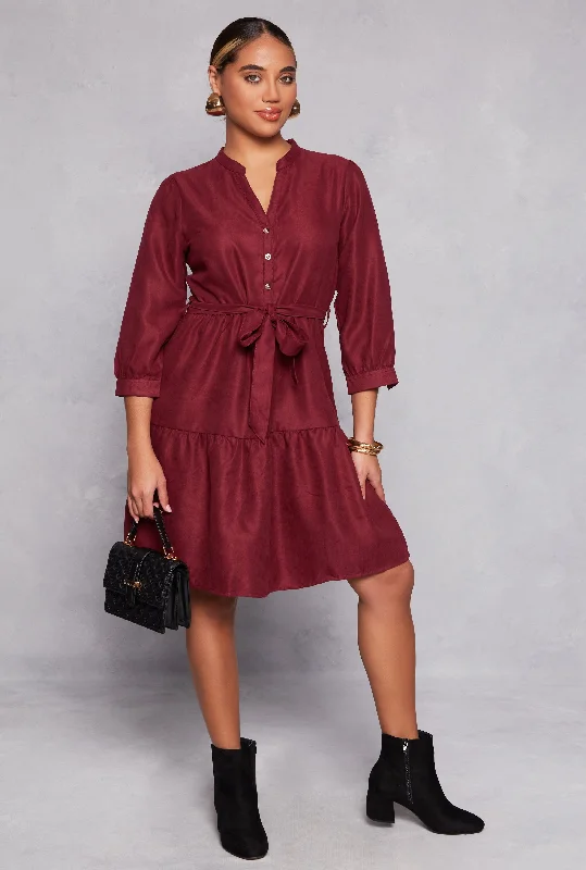 Tie Waist Belted Half Button Tiered Dress Tunics Hiking breathable