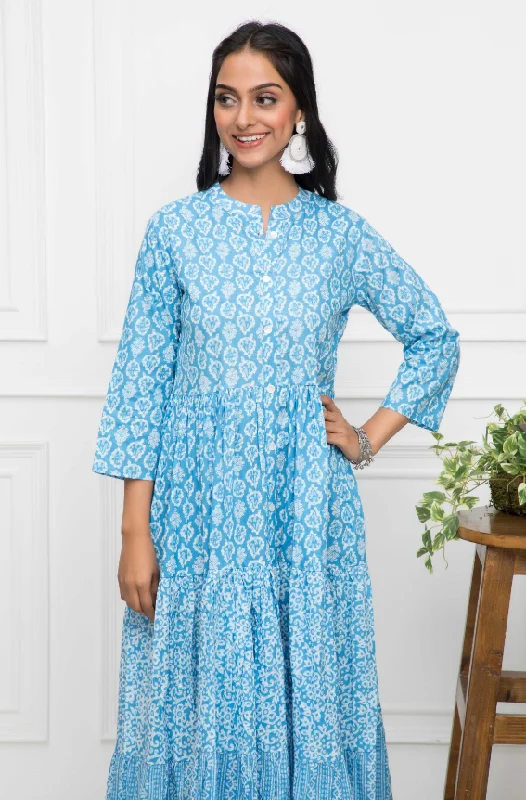 Women's Blue Floral Cotton A-Line Mandarin Collar Long Dress - Myshka Tunics Luxurious high-end Women's Blue Floral Cotton A-Line Mandarin Collar Long Dress - Myshka Tunics Luxurious high-end