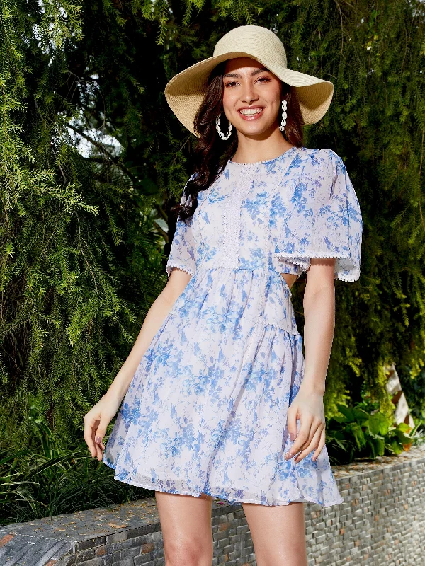 Women's Blue Floral Waist Cut Out Skater Dress - SASSAFRAS Tunics Occasion special