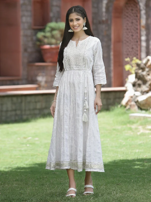 Women's White Cotton Lurex Festive Embroidered Flared Long Dress - Juniper Elegant Long Evening Women's White Cotton Lurex Festive Embroidered Flared Long Dress - Juniper Elegant Long Evening