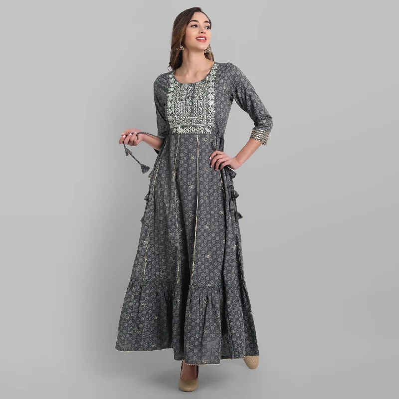 Women's Grey Rayon Festive Wear Embroidered Tiered Long Dress - Juniper Pencil Office Professional Women's Grey Rayon Festive Wear Embroidered Tiered Long Dress - Juniper Pencil Office Professional