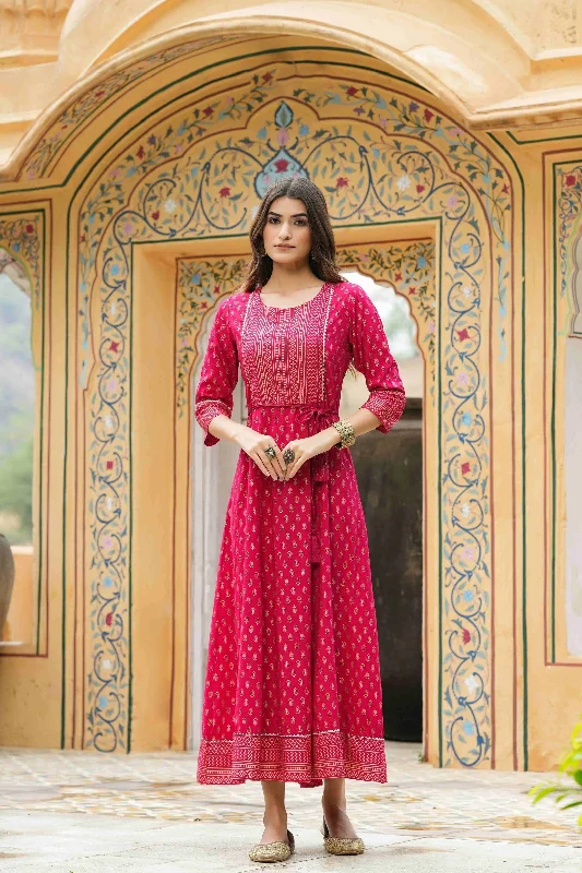Women's Fuchsia Rayon Festive Wear Foil Printed A-Line Long Dress - Juniper Shift Classic Vintage Women's Fuchsia Rayon Festive Wear Foil Printed A-Line Long Dress - Juniper Shift Classic Vintage