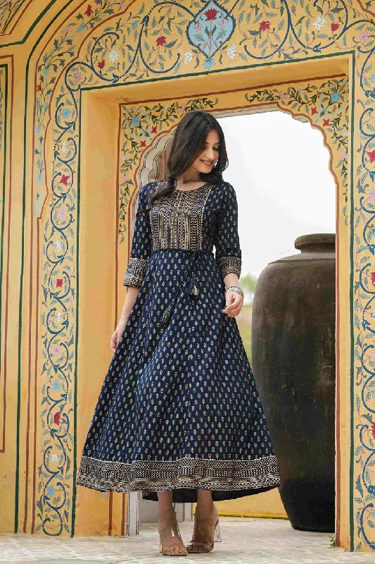 Women's Navy Rayon Festive Wear Foil Printed A-Line Long Dress - Juniper empire Waist empire Women's Navy Rayon Festive Wear Foil Printed A-Line Long Dress - Juniper empire Waist empire