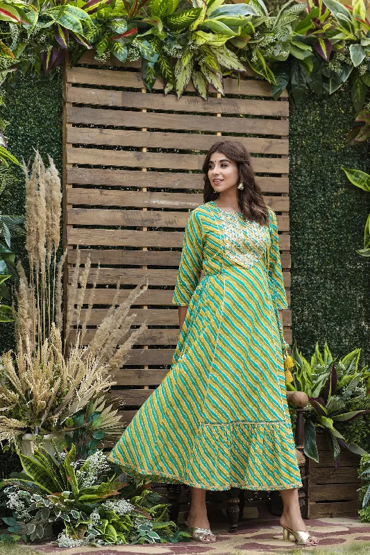Women's Cotton Cambric Green Printed Flared Festive Long Dress - Juniper Casual Short Summer Women's Cotton Cambric Green Printed Flared Festive Long Dress - Juniper Casual Short Summer