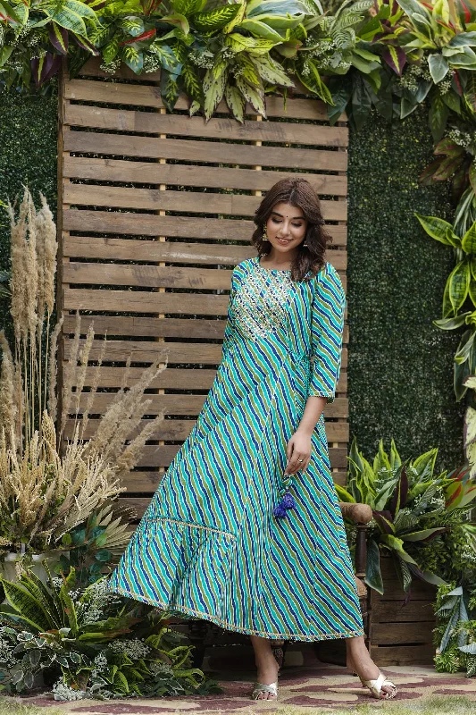 Women's Cotton Cambric Blue Printed Flared Festive Long Dress - Juniper Floral Print girly Women's Cotton Cambric Blue Printed Flared Festive Long Dress - Juniper Floral Print girly