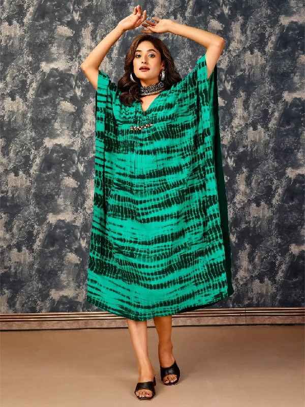 Women's Green Crepe Kaftan Styled Long Dress - Komarri Boat Neckline Classic