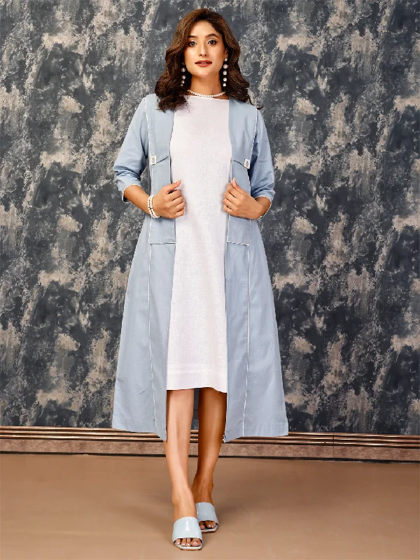 Women's Blue And White Linen Blend Shift Dress & Cape - Komarri Cowl Neckline Elegant Women's Blue And White Linen Blend Shift Dress & Cape - Komarri Cowl Neckline Elegant