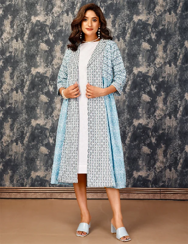 Women's Blue And White Bamboo Blended Dress With Cape - Komarri Square Neckline Feminine Women's Blue And White Bamboo Blended Dress With Cape - Komarri Square Neckline Feminine