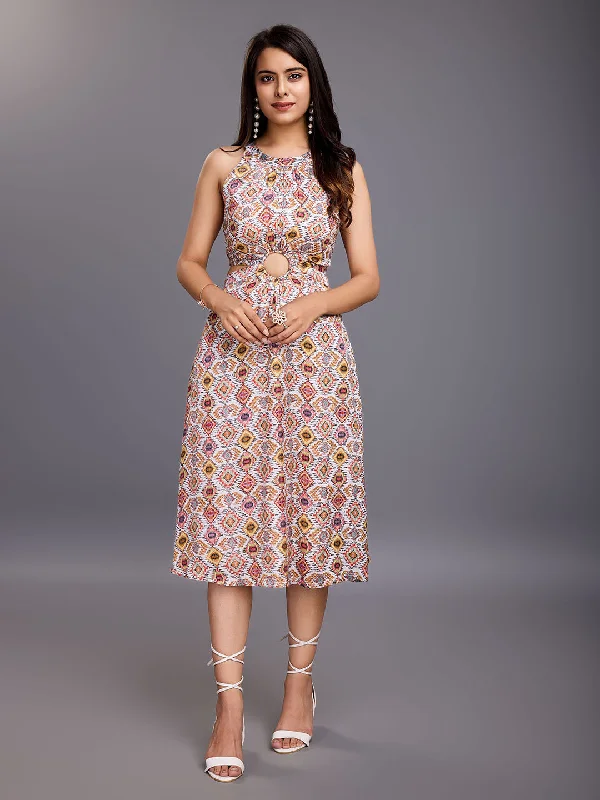 Women's Elegant Geometric Print Waist Cut Out Halter Neck Shantoon Jacquard Dress-Multicolour - Komarri Tunics Sophisticated sleek Women's Elegant Geometric Print Waist Cut Out Halter Neck Shantoon Jacquard Dress-Multicolour - Komarri Tunics Sophisticated sleek