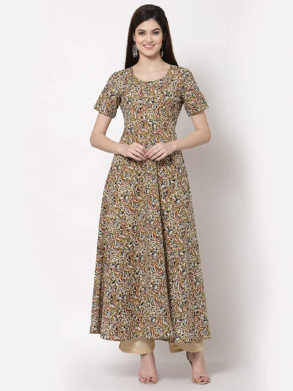 Cotton Printed Flared Long Dress Square Neckline Feminine