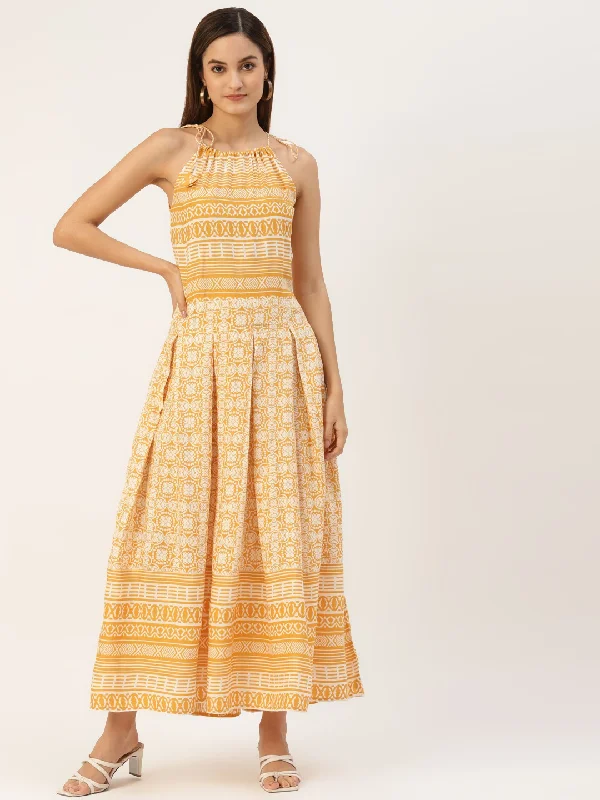 Rayon Printed Flared Long Dress Crew Neckline Sporty
