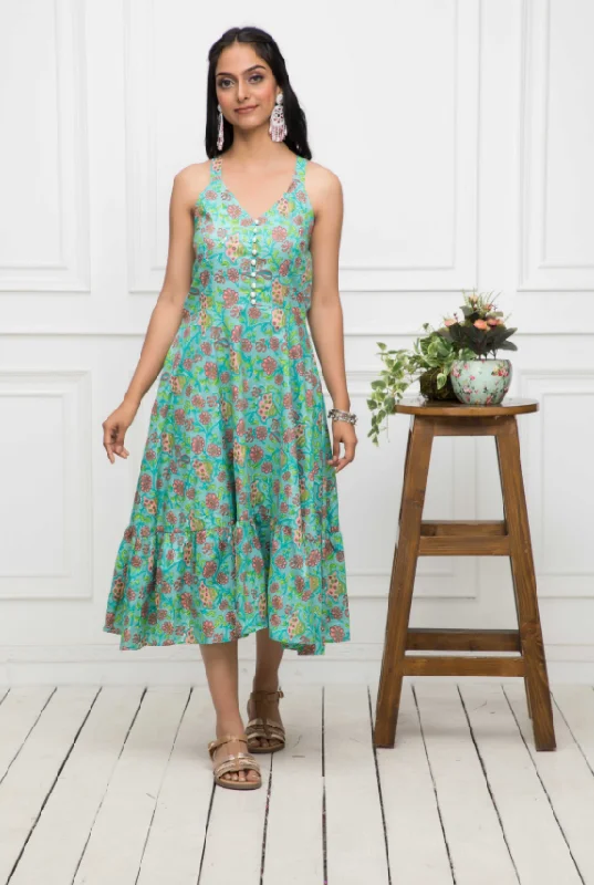 Women's Green Floral Cotton A-Line Round Neck Long Dress - Myshka Tunics Stylish modern Women's Green Floral Cotton A-Line Round Neck Long Dress - Myshka Tunics Stylish modern