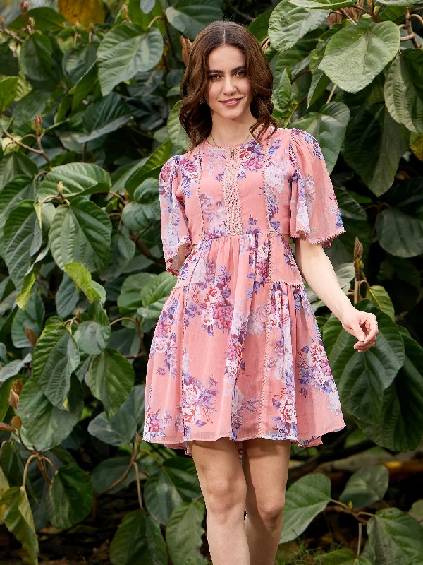 Women's Peach Floral Waist Cut Out Skater Dress - SASSAFRAS Tunics Party sparkling
