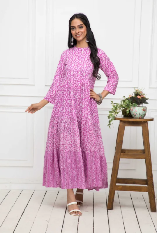 Women's Pink Floral Cotton A-Line Mandarin Collar Long Dress - Myshka Tunics Chic elegant Women's Pink Floral Cotton A-Line Mandarin Collar Long Dress - Myshka Tunics Chic elegant