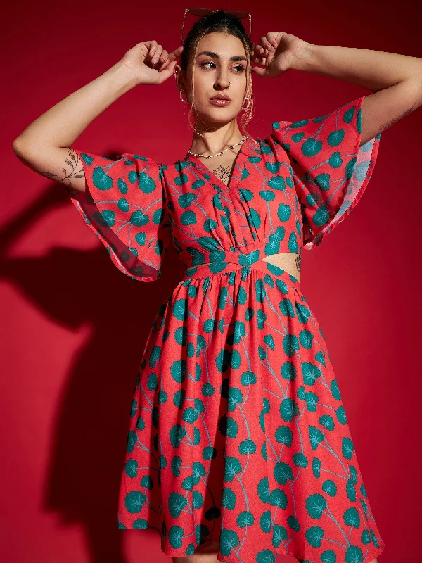 Women's Red Floral Waist Cut Out Short Skater Dress - SASSAFRAS Tunics Leisure comfortable Women's Red Floral Waist Cut Out Short Skater Dress - SASSAFRAS Tunics Leisure comfortable