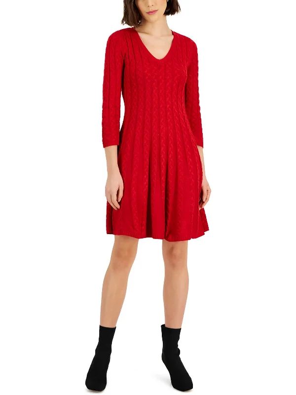 Womens Cable Knit V-Neck Sweaterdress Plaid Sweater Polka Dot Checkered