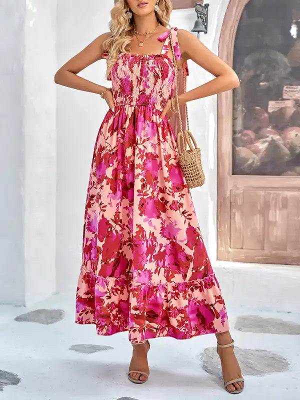 Women’s Casual Printed Waist Sleeveless Strappy Long Dress Tunics Seasonal trendy