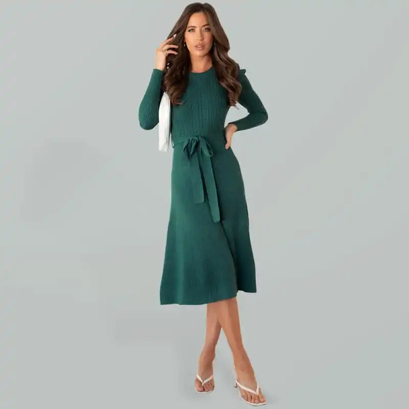 Women’s Crew Neck Ruffle Cable Knit Sweater Midi Dress Houndstooth Herringbone Solid