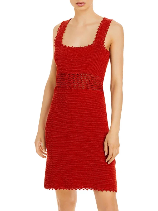 Womens Crochet Sleeveless Sweaterdress Solid Print Embellished