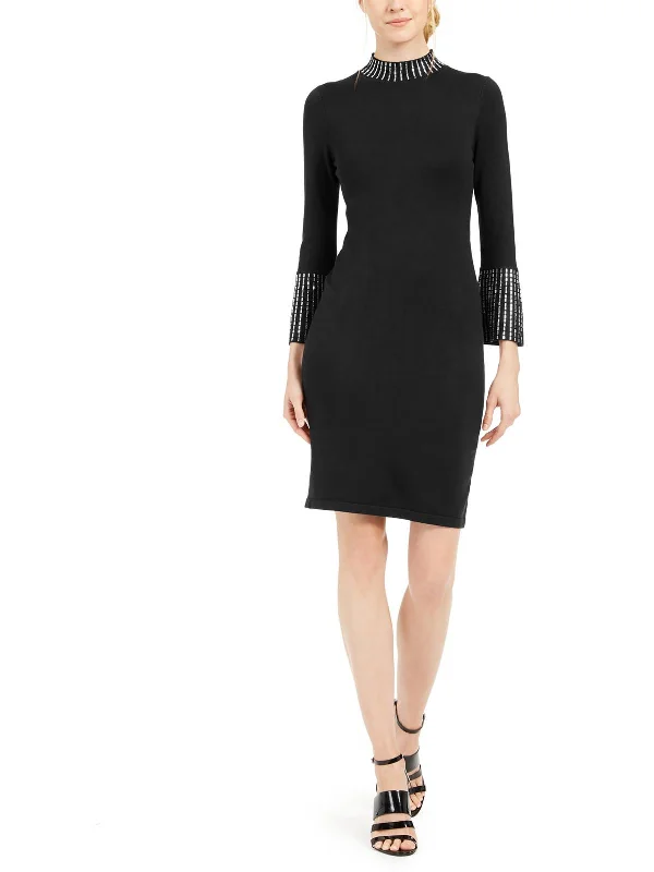 Womens Embellished Midi Sweaterdress Satin Blend Silk Blend Wool Blend