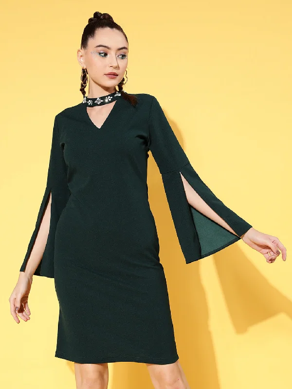 Women's Emerald Cotton Cape Sleeves Choker Shift Dress - Lyush Tunics Sophisticated sleek Women's Emerald Cotton Cape Sleeves Choker Shift Dress - Lyush Tunics Sophisticated sleek