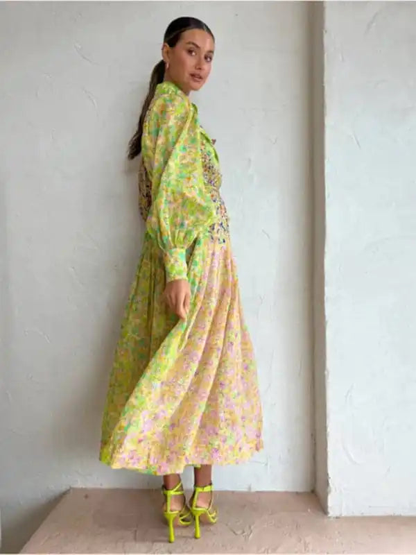 Women’s Floral Color Block Lantern Sleeve Long Dress Tunics Practical durable