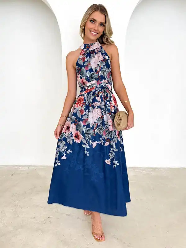 Women’s fashionable halterneck printed waist slimming Dress Tunics Bridal satin