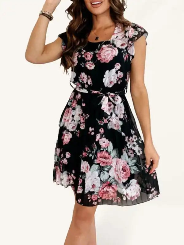 Women’s fluttering sleeve waist floral pleated dress Tunics Cozy comfortable