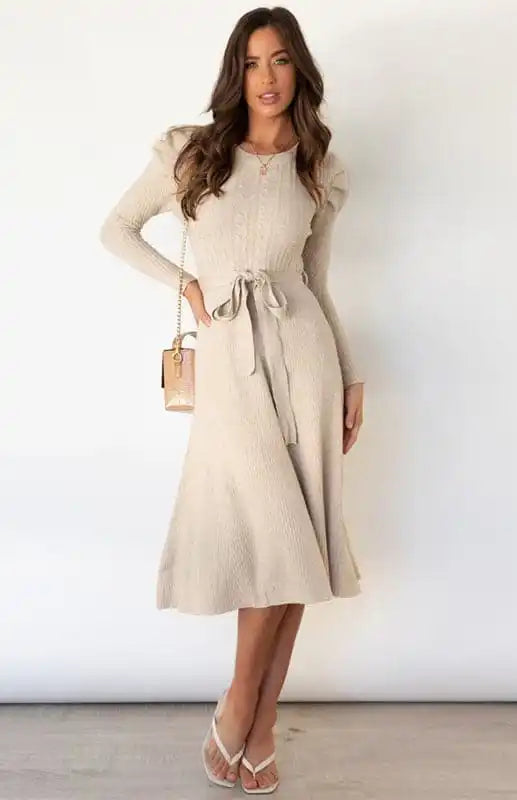 Women’s Long Sleeve Cable Knit Sweater Dresses Print Jacquard Patchwork