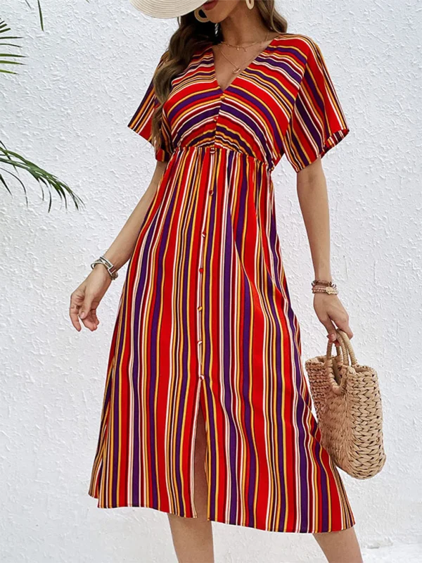 Women's New Colorful Striped Casual V-Neck Button High Waist Dress Tunics Mesh breathable Women's New Colorful Striped Casual V-Neck Button High Waist Dress Tunics Mesh breathable