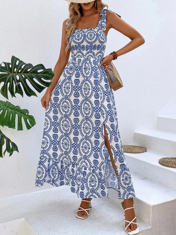 Women's new summer fashionable strap printed sleeveless slit long dress Tunics Velvet soft Women's new summer fashionable strap printed sleeveless slit long dress Tunics Velvet soft