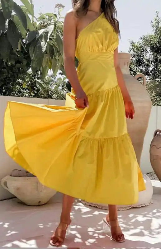 Women’s One Shoulder Gathered Long Dress Tunics Practical easy-care