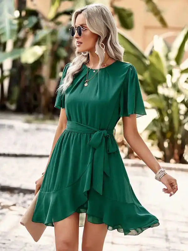 Women’s Solid Color Flutter Sleeve Waist Tie Ruffle Hem Dress Pencil Office Professional Women’s Solid Color Flutter Sleeve Waist Tie Ruffle Hem Dress Pencil Office Professional