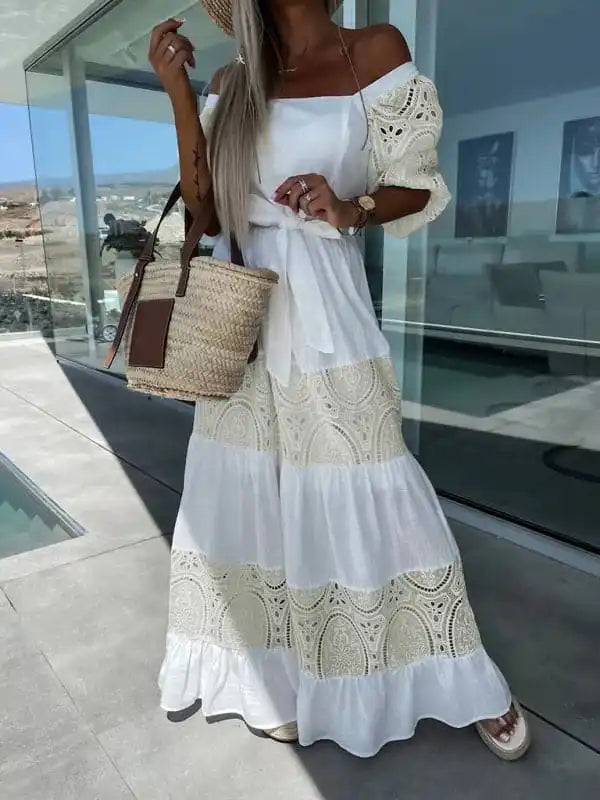 Women’s Woven Square Neck Hollow Crochet Mosaic Loose Long Dress Tunics Luxurious premium Women’s Woven Square Neck Hollow Crochet Mosaic Loose Long Dress Tunics Luxurious premium
