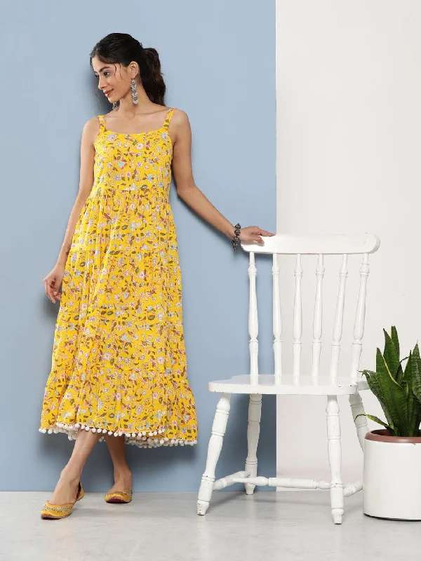 Women's Yellow Floral Shoulder Strip Long Dress - Taantav Tunics Favorite customer