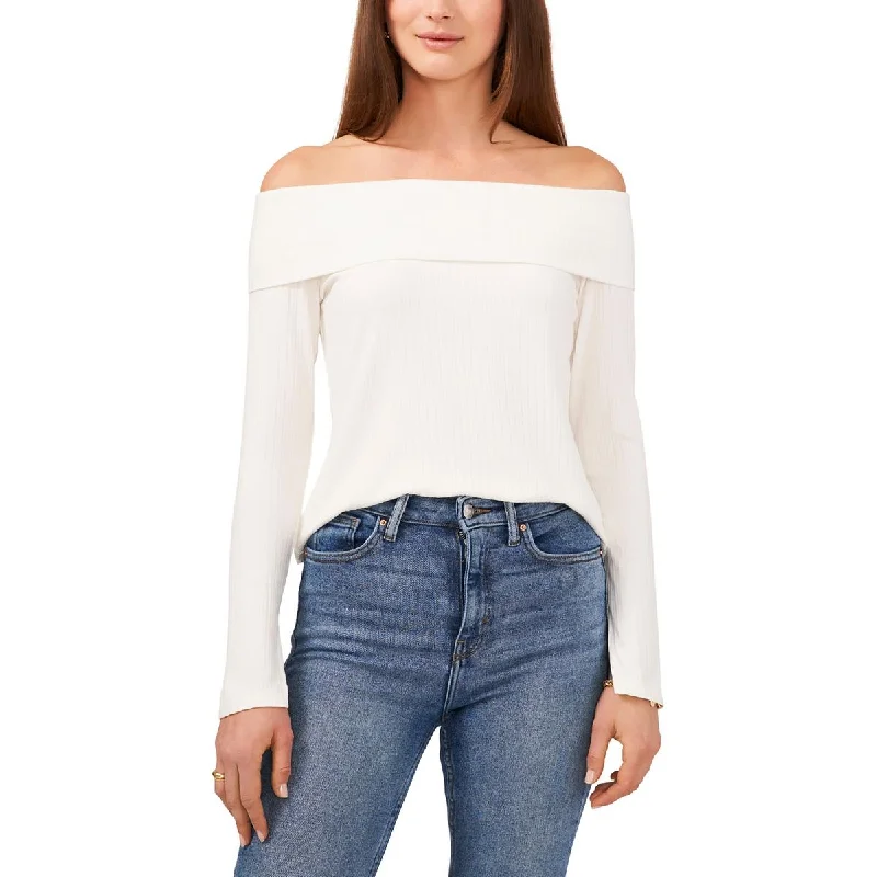 1.State Womens Ribbed Off-The-Shoulder Pullover Top Tapered Sleeve Pullover