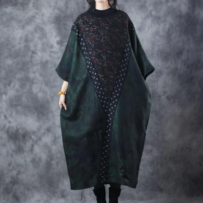 2018 blackish green knit dress Loose high neck sweater patchwork pullover sweater Saggy Sleeve Comfort