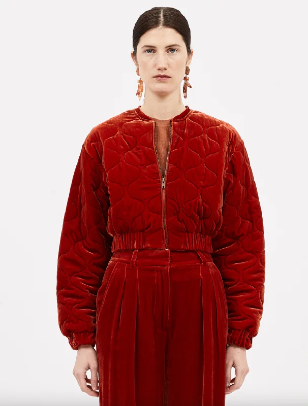 Adair Velvet Quilted Jacket - Carnelian Fleece Jacket Down Jacket Feather Jacket