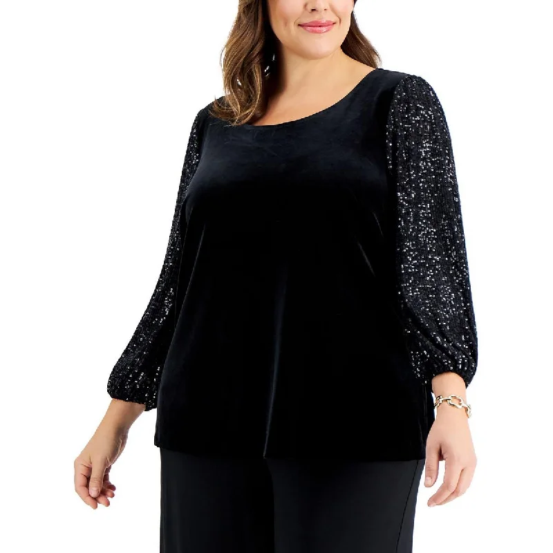 Alex Evenings Womens Plus Velvet Sequined Pullover Top Three Quarter Sleeve