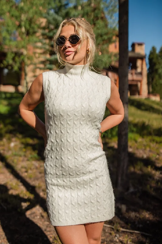 All Your Love Ivory Turtleneck Cable Knit Sweater Dress Mesh Blend Leather Blend Suede Blend