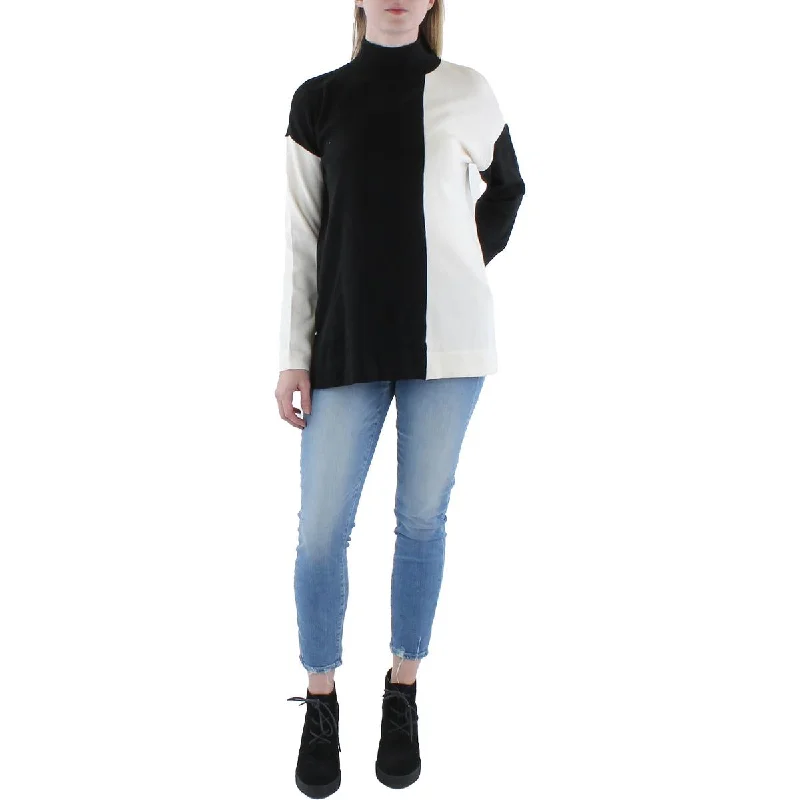 Anne Klein Womens Colorblock Mock Neck Pullover Sweater Short Sleeve Top