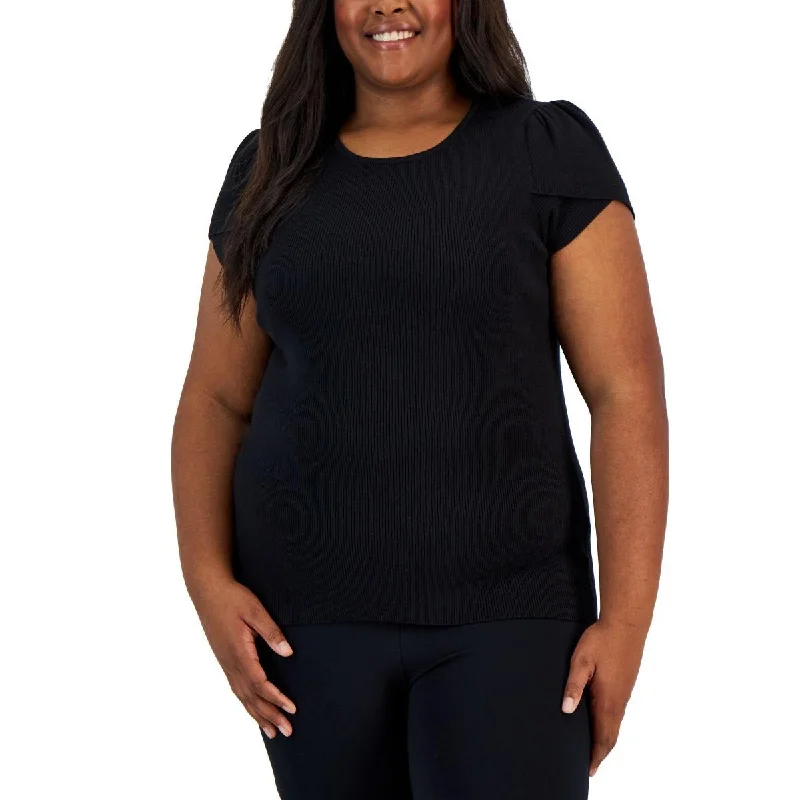 Anne Klein Womens Plus Ribbed Tulip Sleeves Pullover Top Asymmetrical Neck Pullover