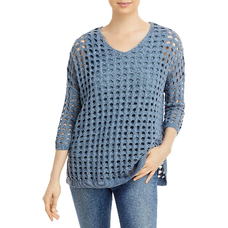 &BASICS Womens Open Stitch V-Neck Pullover Sweater Port Neck Pullover