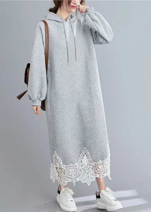 Beautiful Grey Hooded Patchwork Loose Sweatshirts dress Winter Hoodie with Patch Decorative Personalized Beautiful Grey Hooded Patchwork Loose Sweatshirts dress Winter Hoodie with Patch Decorative Personalized