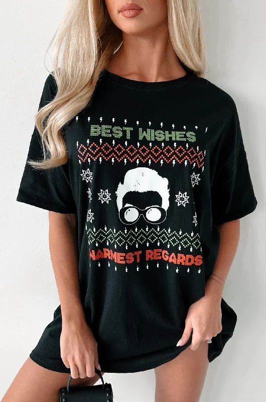 "Best Wishes, Warmest Regards" Oversized Graphic T-Shirt Dress (Black) - Print On Demand Hooded Caped Shawl Collar "Best Wishes, Warmest Regards" Oversized Graphic T-Shirt Dress (Black) - Print On Demand Hooded Caped Shawl Collar