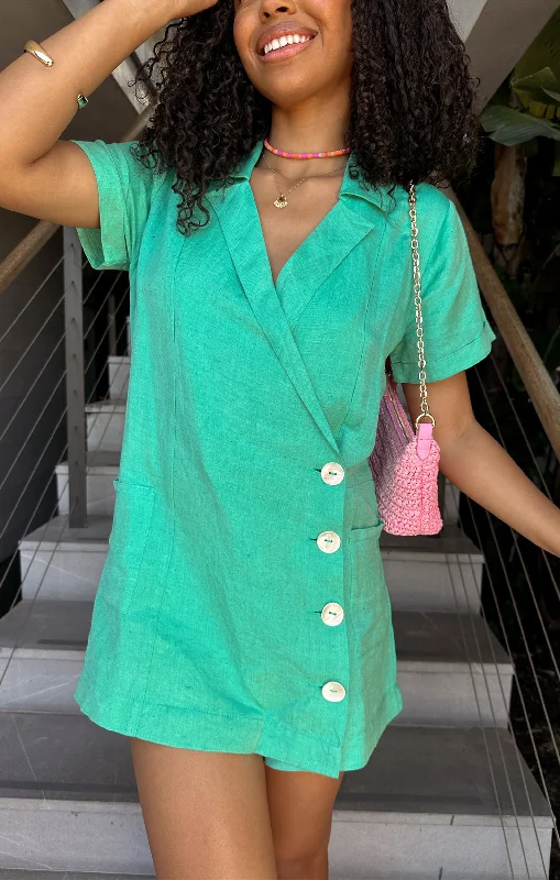 Bicoastal Blazer Romper ~ Seafoam Linen Women's Trendy Blazer